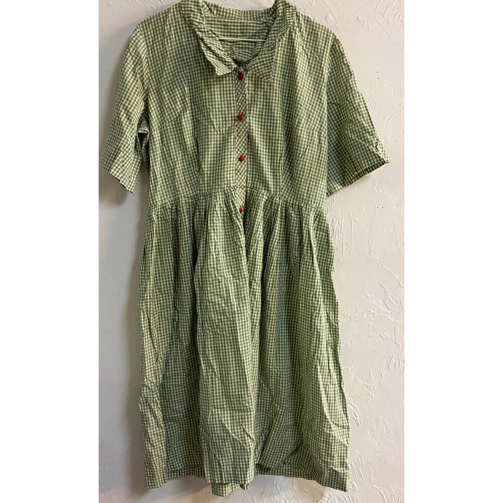 Vintage Handmade Green White Gingham Shirt Dress Collared Button Front Pockets M
